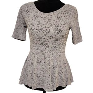 Free People Peplum Lace Top Grey Short Sleeve Scooped Back Stretch